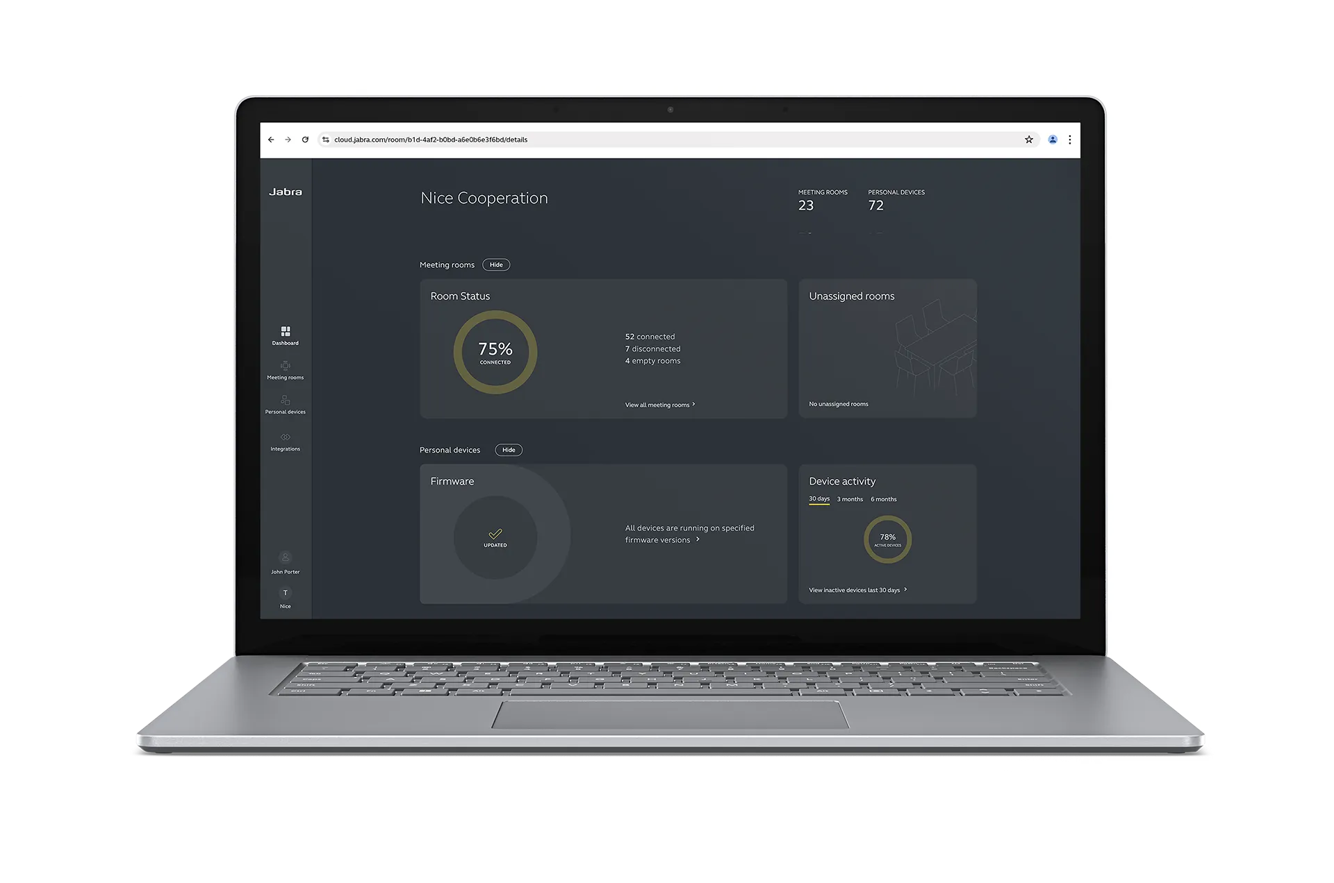 Laptop screen featuring Jabra+ dashboard with statistics on room status, firmware updates, and device activity over different time periods.